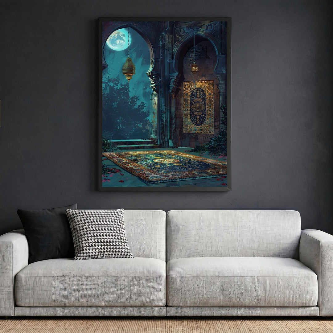 Wadi Home framed moonlit archway wall art print featuring a golden lantern and ornate rug above a modern grey sofa.