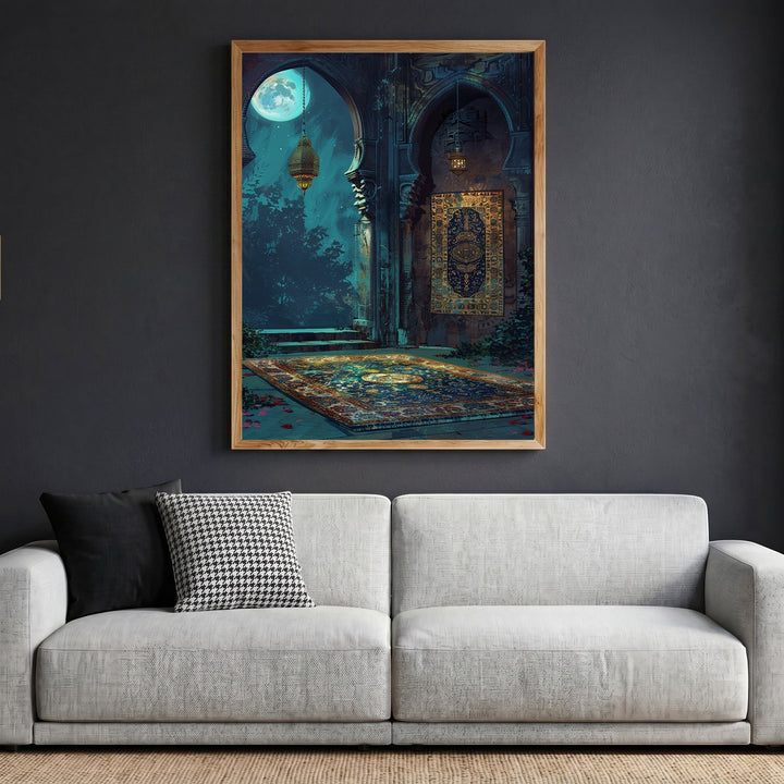 Wadi Home Moonlit Archway wall art print featuring an ornate architectural scene with a full moon and traditional rug.