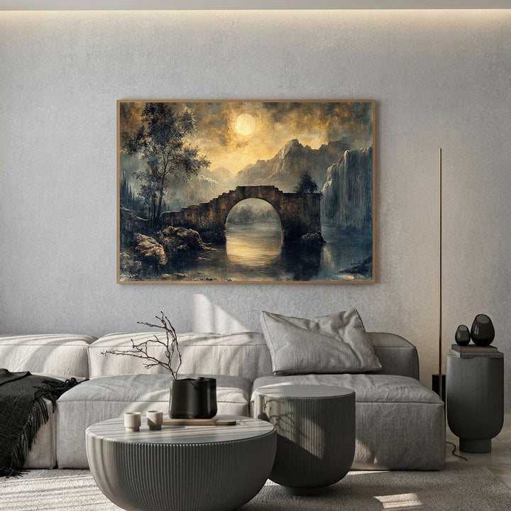Wadi Home moonlit stone bridge landscape wall art print featuring deep blues and golden highlights in a modern living room