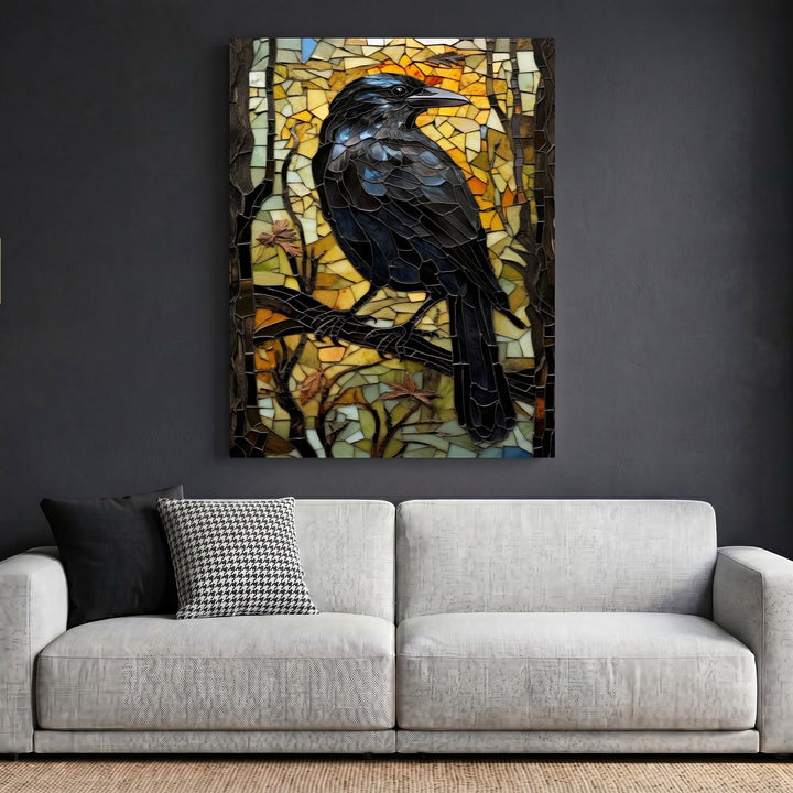 Wadi Home mosaic raven wall art featuring a black bird on a branch against a golden background above a modern sofa.
