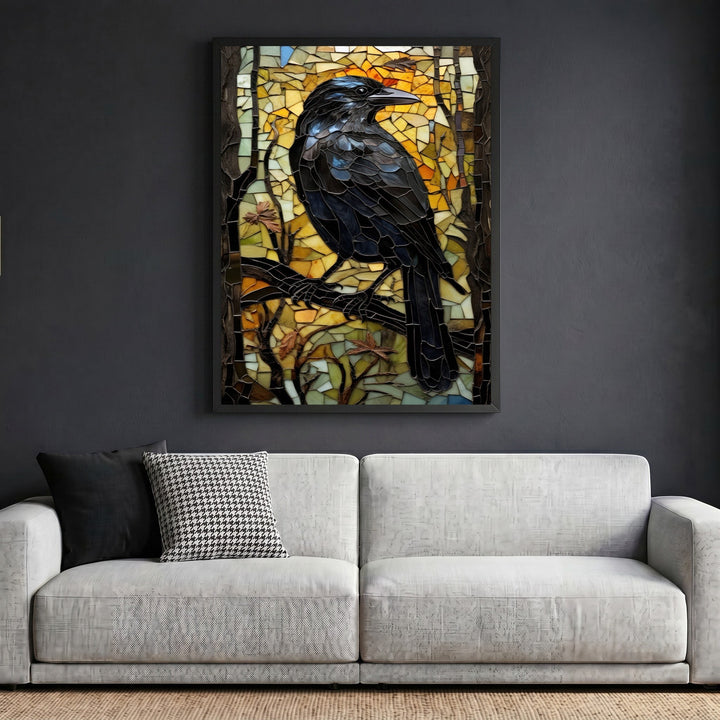 Wadi Home mosaic raven wall art featuring a black bird on a branch against a golden background in a modern living room