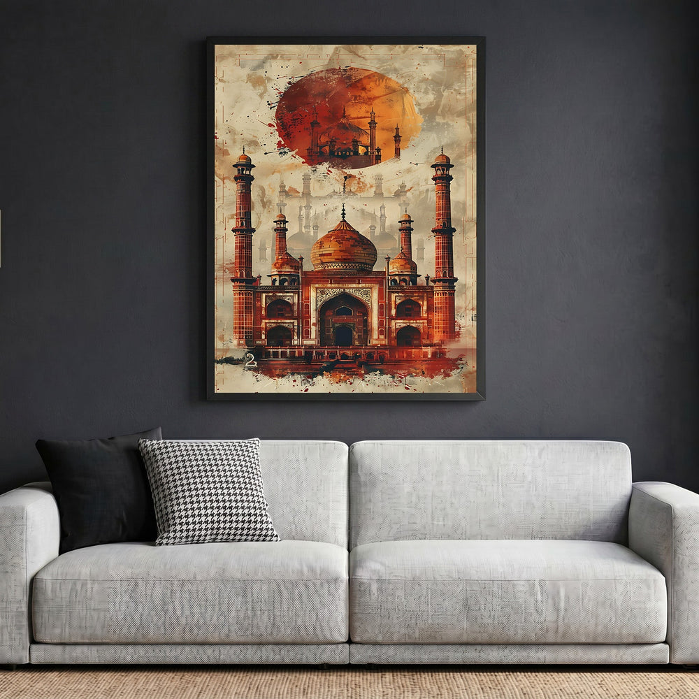 Wadi Home architectural mosque wall art print in ochre and terracotta tones hanging above a modern grey sofa.