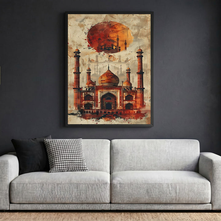 Wadi Home architectural mosque wall art print in ochre and terracotta tones hanging above a modern grey sofa.