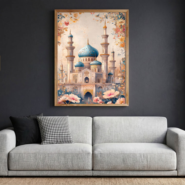 Wadi Home ornate mosque architectural wall art print with blue domes and floral accents in a wooden frame.