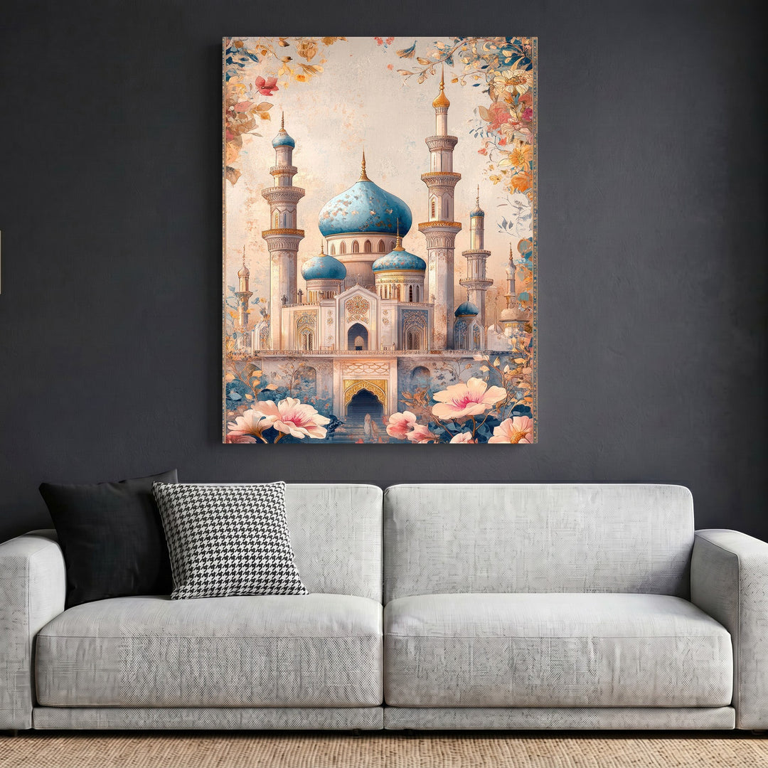 Wadi Home ornate mosque architectural wall art print with blue domes and floral accents hanging above a modern sofa.