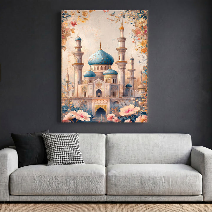 Wadi Home ornate mosque architectural wall art print with blue domes and floral accents hanging above a modern sofa.