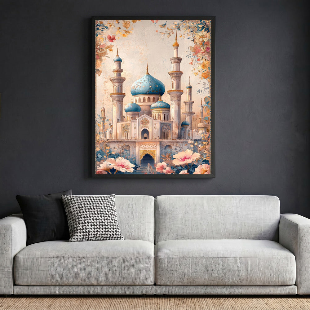 Wadi Home ornate mosque architectural wall art print with blue domes and floral accents hanging above a modern sofa.