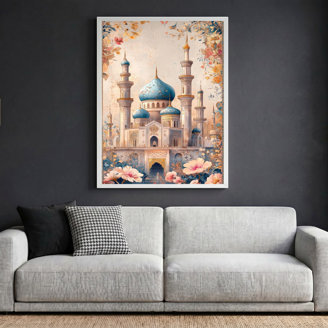 Wadi Home ornate mosque architectural wall art print with blue domes and floral accents in a white frame above a sofa.