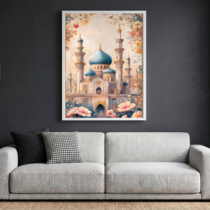 Wadi Home ornate mosque architectural wall art print with blue domes and floral accents in a white frame above a sofa.