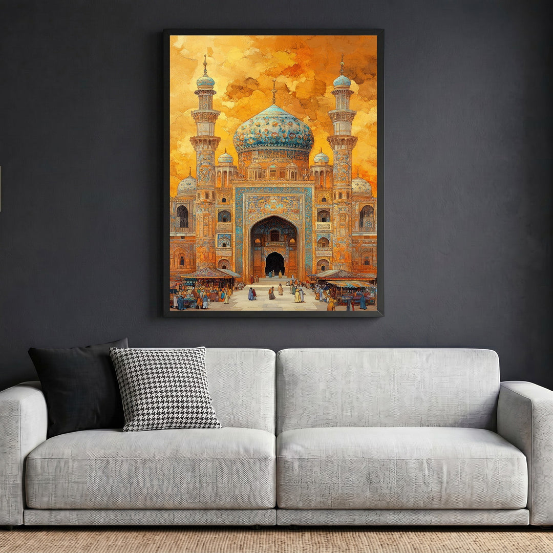 Wadi Home framed wall art featuring traditional mosque architecture with blue tiles and a warm sunset sky above a market.