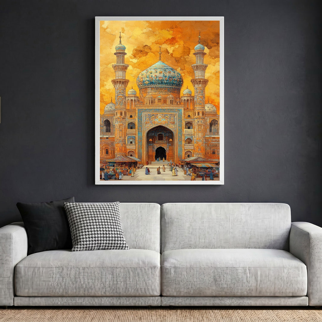 Wadi Home framed wall art print featuring traditional mosque architecture with blue tiles and a warm sunset sky.
