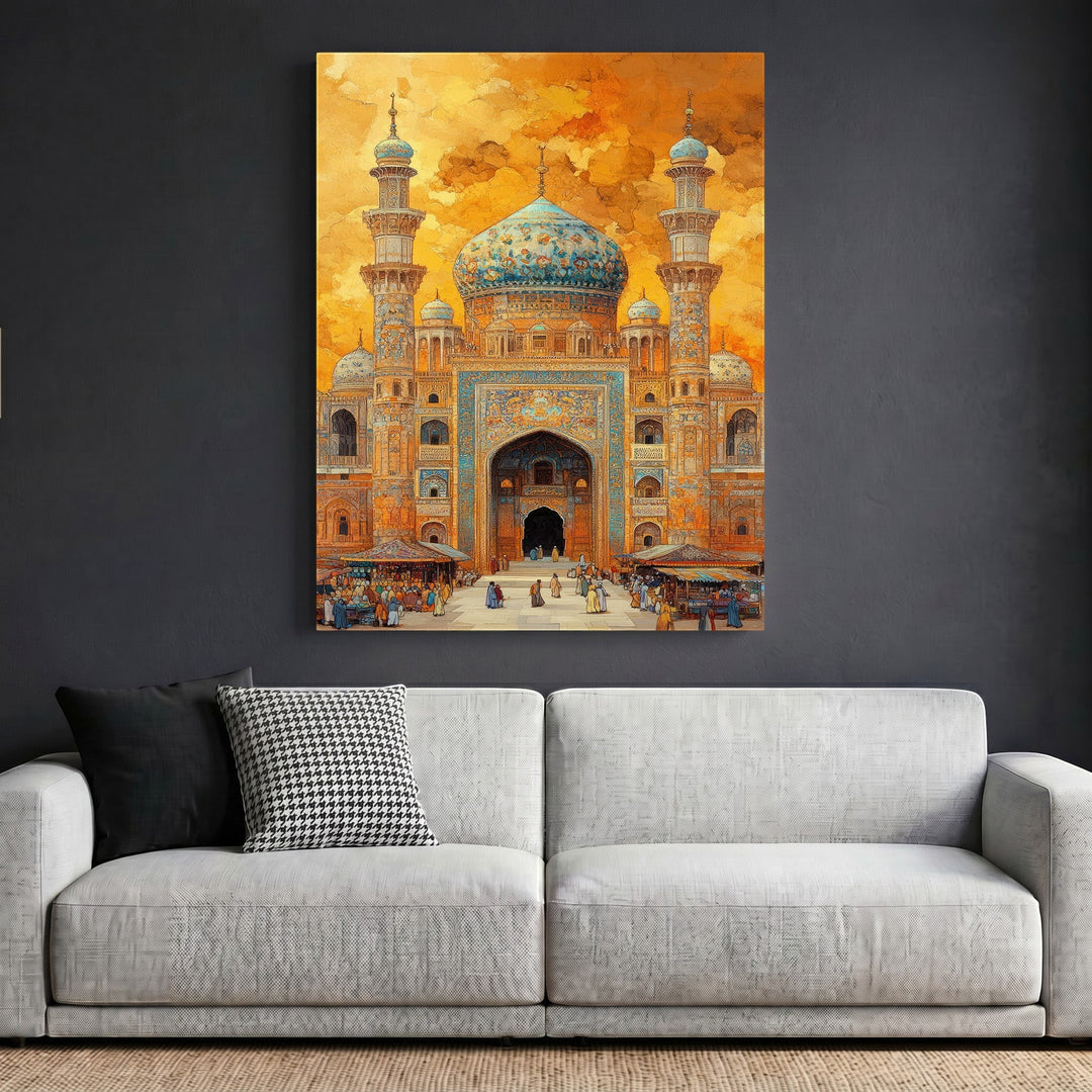 Wadi Home framed wall art featuring traditional mosque architecture with blue tile details and a warm golden sky.