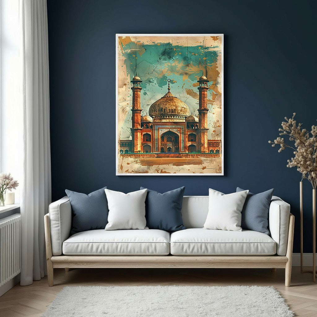 Wadi Home majestic mosque canvas wall art with intricate details and earthy tones, framed in white.