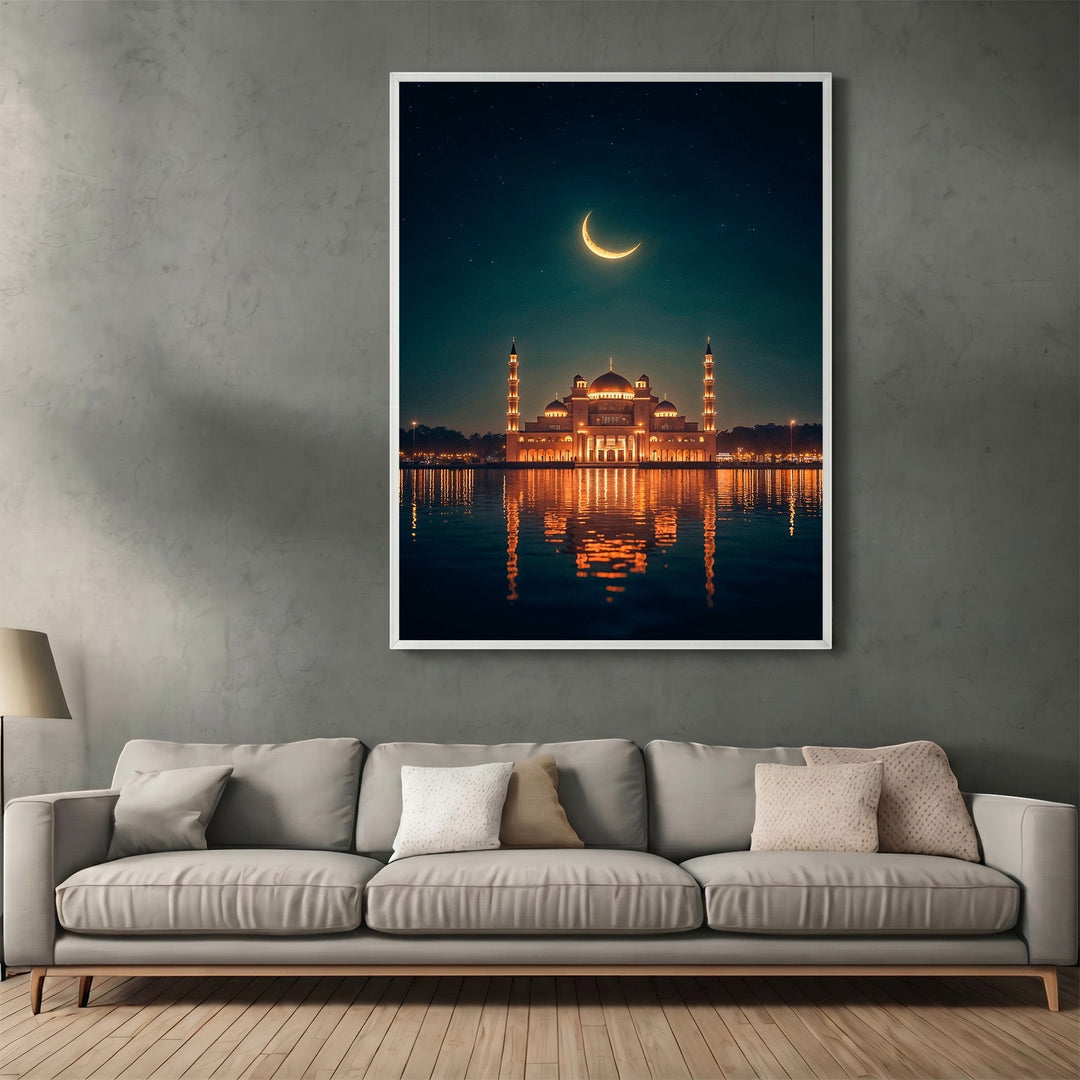 Wadi Home framed wall art of a mosque at night with golden reflections on water and a crescent moon in a living room