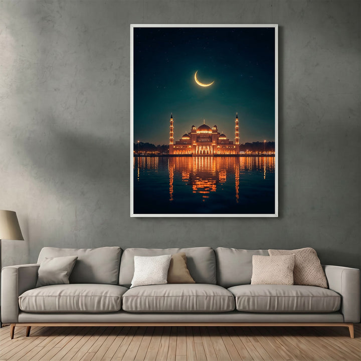 Wadi Home framed wall art of a mosque at night with golden reflections on water and a crescent moon in a living room