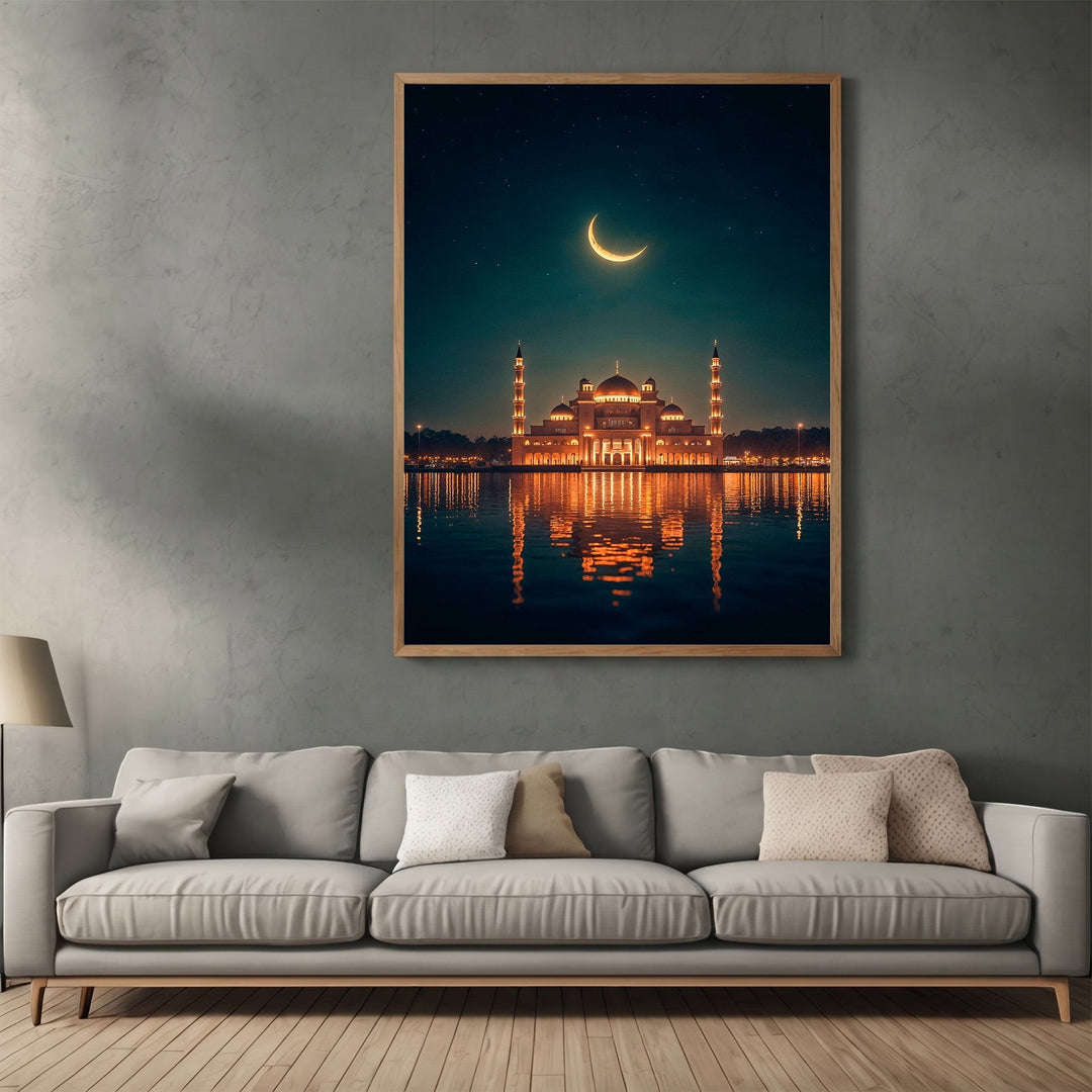 Wadi Home framed wall art featuring a glowing mosque at night with crescent moon reflection above a grey sofa