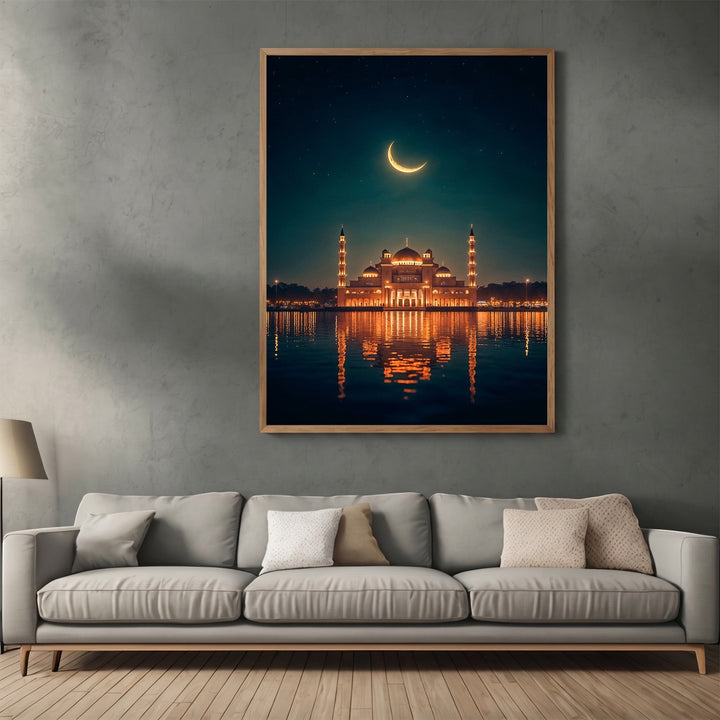 Wadi Home framed wall art featuring a glowing mosque at night with crescent moon reflection above a grey sofa