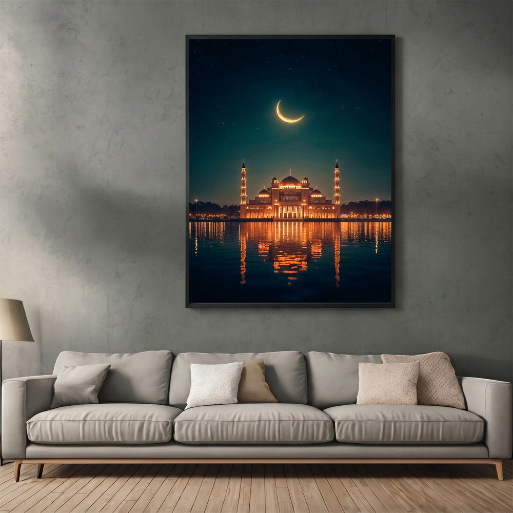 Wadi Home framed wall art of a mosque at night with golden reflections on water and a crescent moon above a sofa.