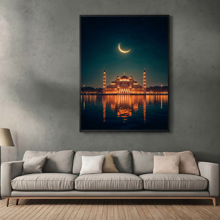 Wadi Home framed wall art of a mosque at night with golden reflections on water and a crescent moon above a sofa.