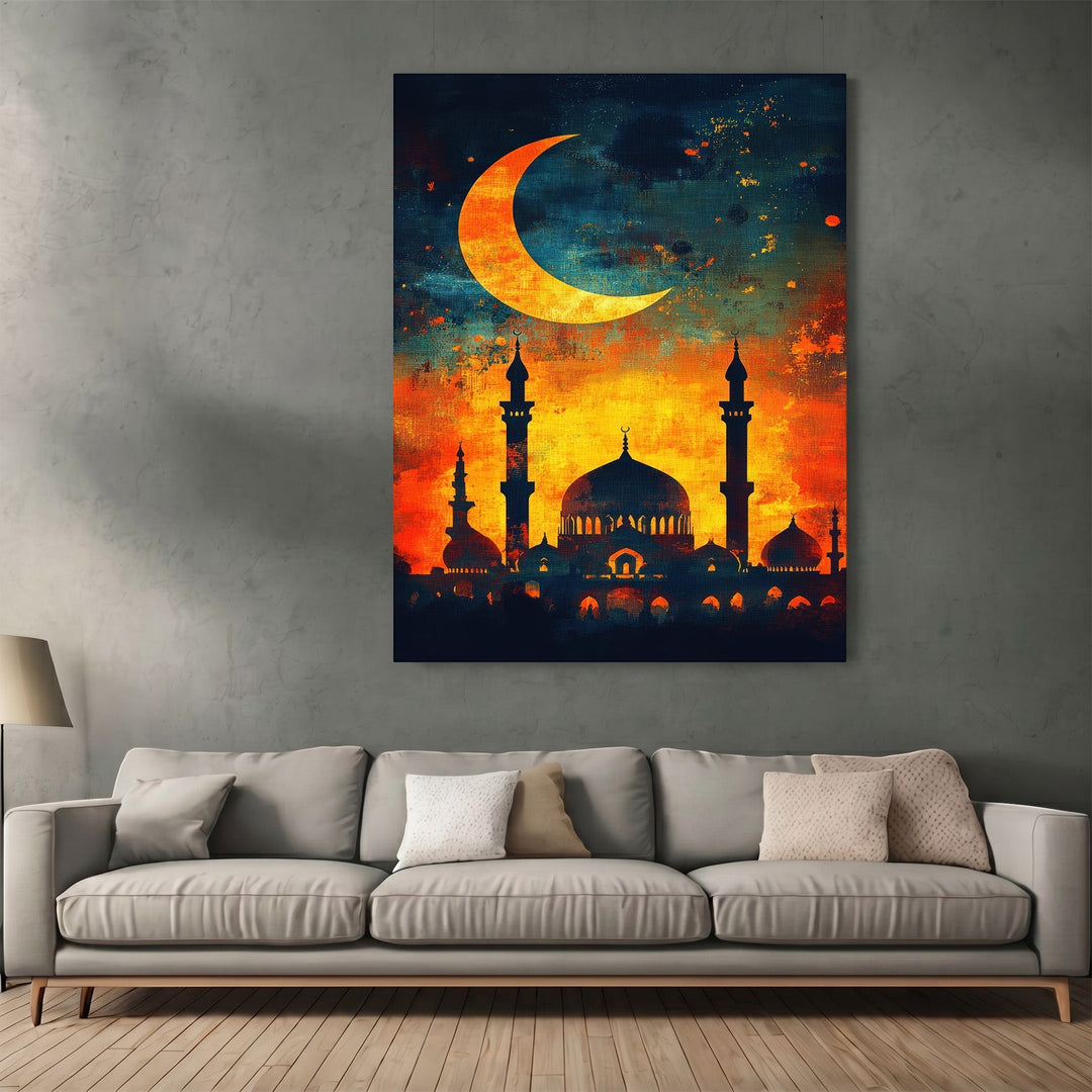 Wadi Home mosque wall art print featuring a crescent moon silhouette over a vibrant sunset sky in a modern living room