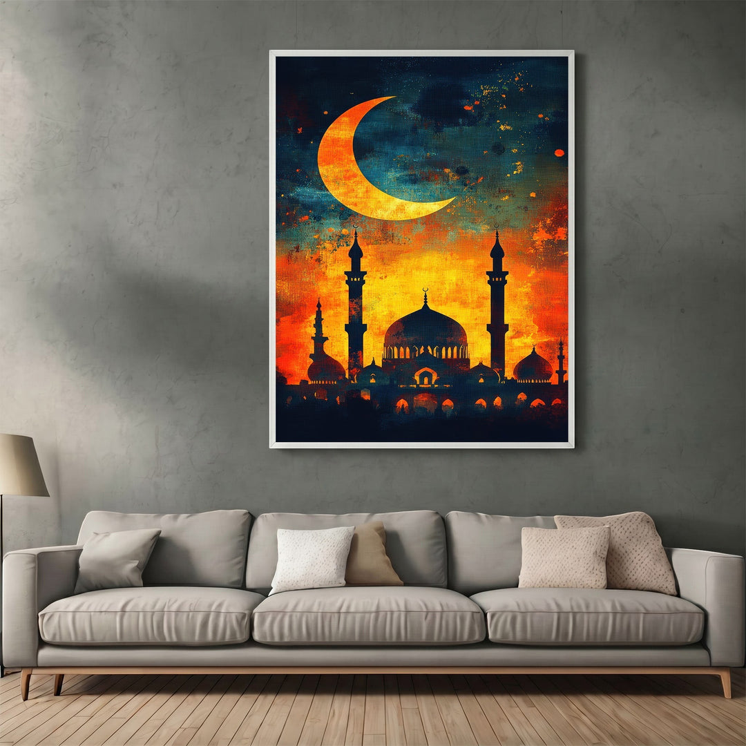 Wadi Home decorative mosque wall art print featuring a sunset silhouette and crescent moon in a modern living room