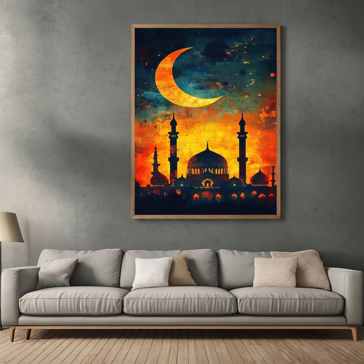 Wadi Home decorative mosque wall art print featuring a sunset silhouette and crescent moon above a modern grey sofa.