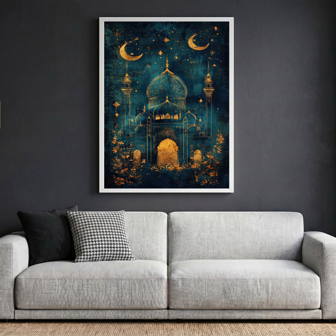 Wadi Home decorative mosque wall art print with gold architectural details on a midnight blue background in a frame.