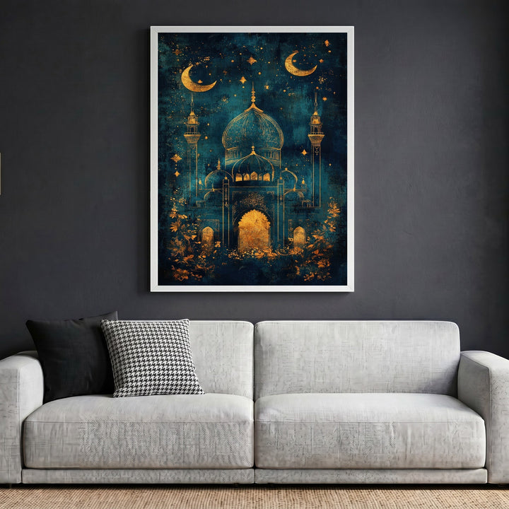 Wadi Home decorative mosque wall art print with gold architectural details on a midnight blue background in a frame.