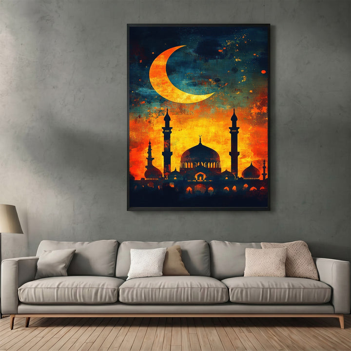 Wadi Home mosque wall art print featuring a crescent moon and sunset silhouette above a modern grey sofa in a living room