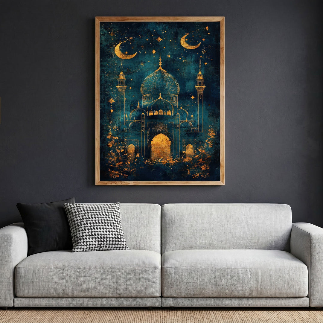 Wadi Home decorative mosque wall art print with gold architectural details on a midnight blue background in a wood frame.