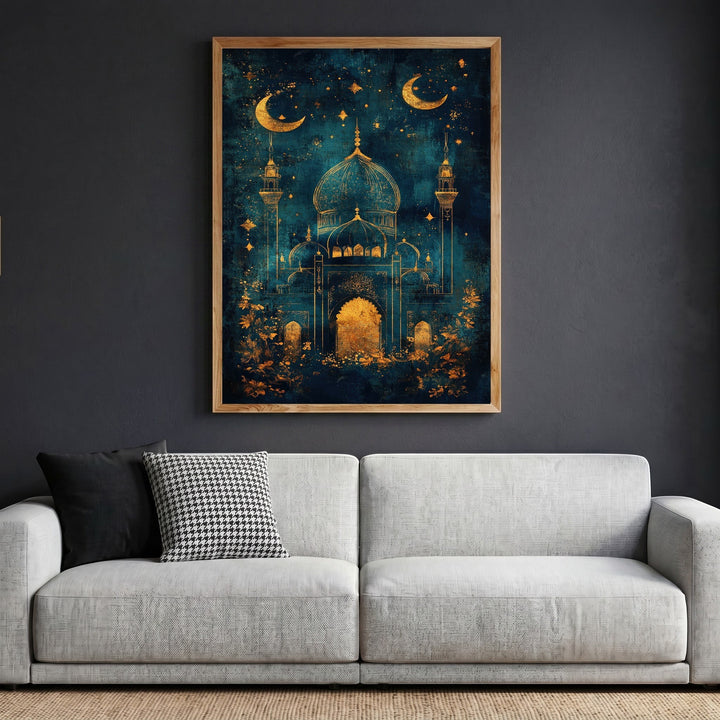Wadi Home decorative mosque wall art print with gold architectural details on a midnight blue background in a wood frame.