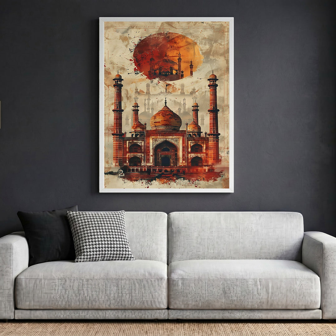 Wadi Home architectural mosque wall art print in ochre and terracotta tones displayed in a modern living room
