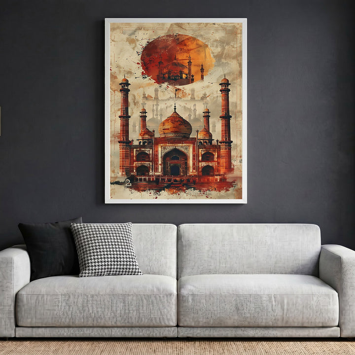 Wadi Home architectural mosque wall art print in ochre and terracotta tones displayed in a modern living room