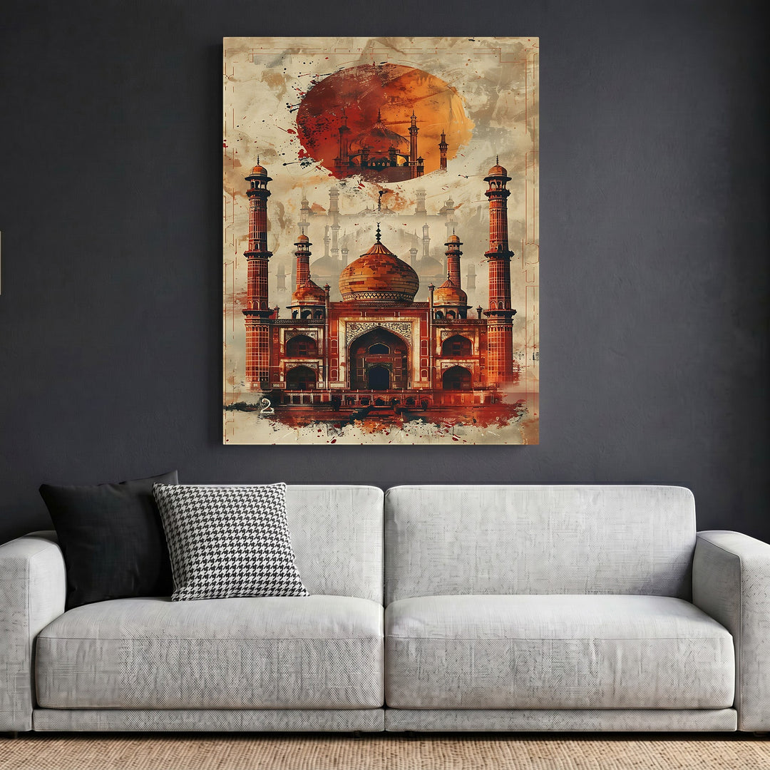 Wadi Home architectural mosque wall art print featuring ochre and terracotta watercolor details above a modern sofa.