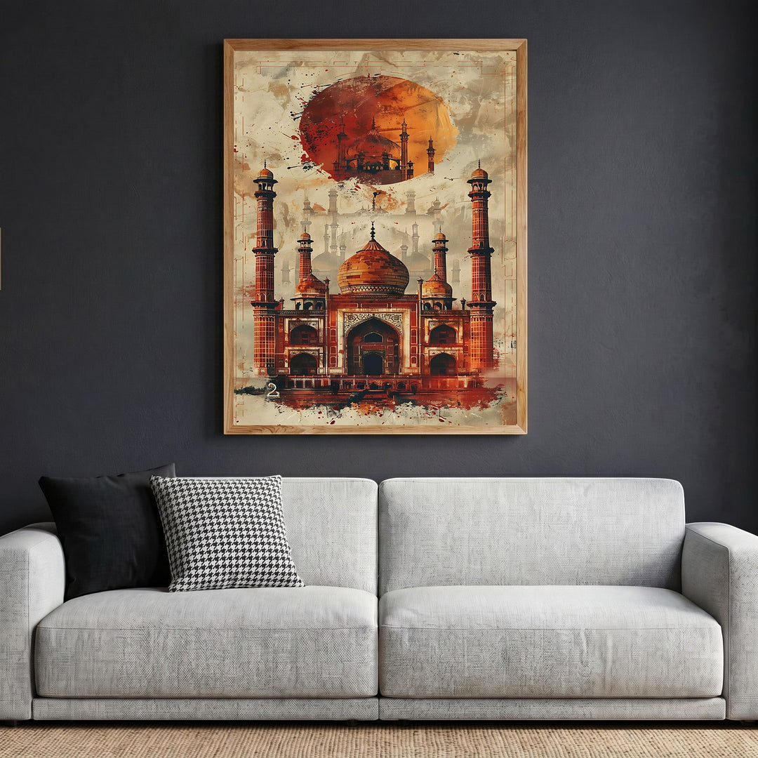 Wadi Home architectural mosque wall art print in ochre and terracotta tones, displayed in a light wood frame.