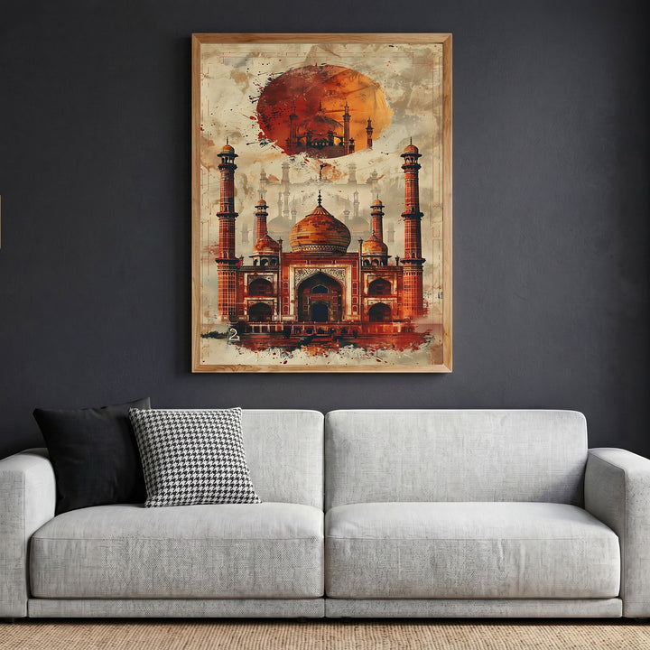 Wadi Home architectural mosque wall art print in ochre and terracotta tones, displayed in a light wood frame.