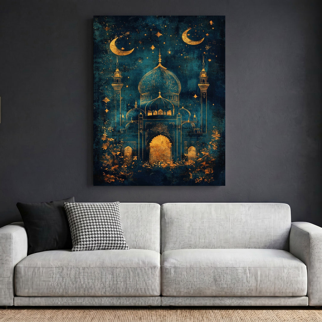 Wadi Home decorative mosque wall art print with golden architectural details on a moody midnight blue background.