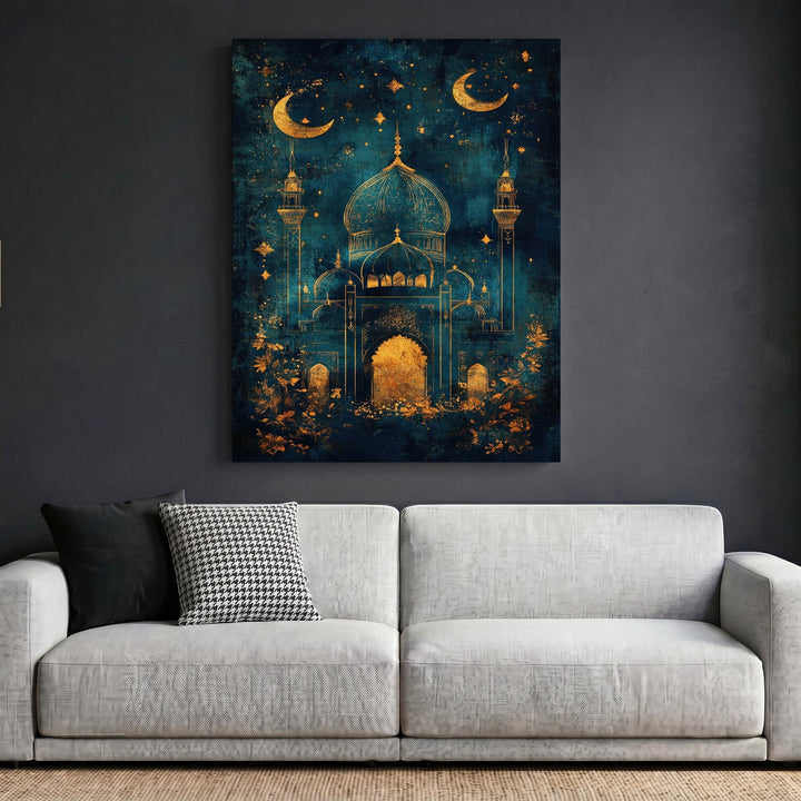 Wadi Home decorative mosque wall art print with golden architectural details on a moody midnight blue background.