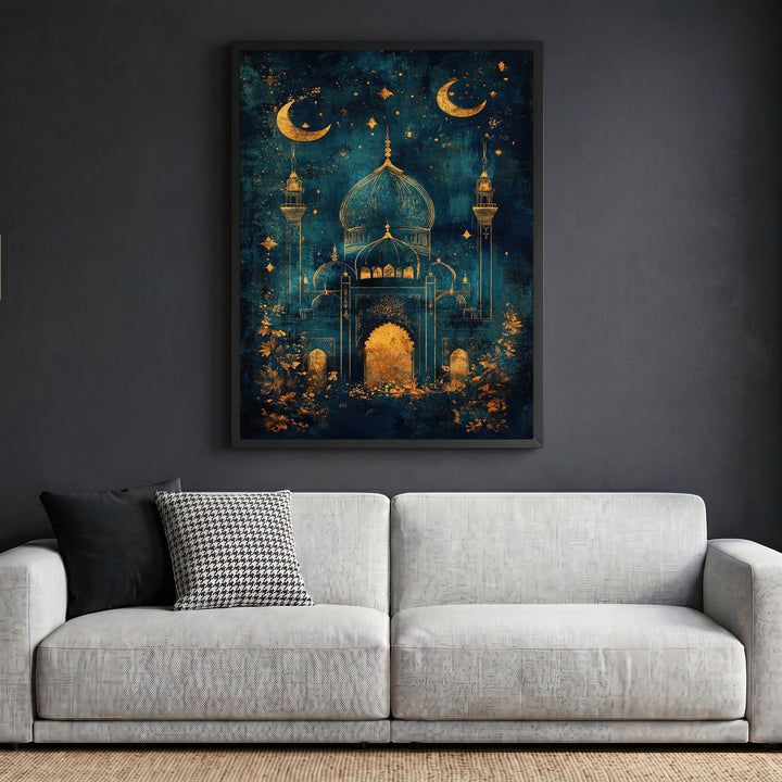 Wadi Home decorative mosque wall art print with gold architectural details on a midnight blue background above a sofa.