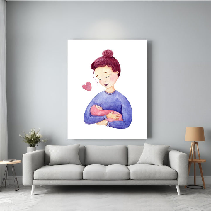 Wadi Home watercolor art print of a mother holding her baby, with a pink heart. Soft blues and pinks.