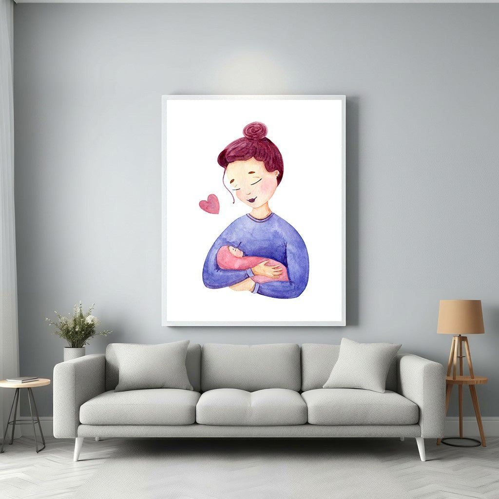 Wadi Home watercolor art print of a mother holding her baby, with a pink heart. Soft blues and pinks.