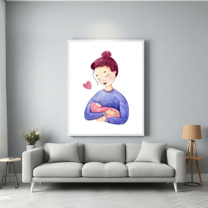 Wadi Home watercolor art print of a mother holding her baby, with a pink heart. Soft blues and pinks.