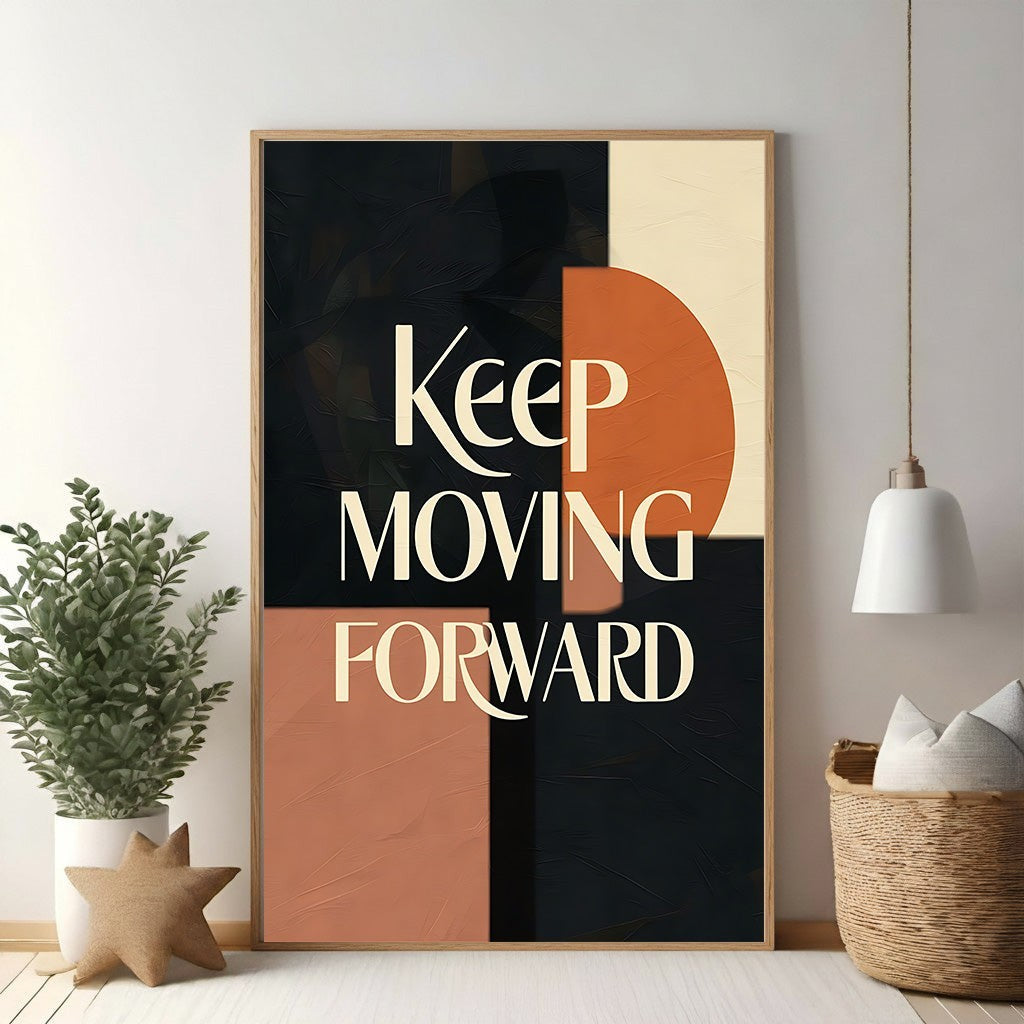 Wadi Home motivational wall art with "Keep Moving Forward" in cream text on abstract terracotta, cream, and charcoal background.