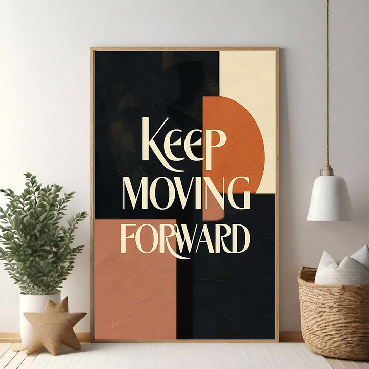 Wadi Home motivational wall art with "Keep Moving Forward" in cream text on abstract terracotta, cream, and charcoal background.