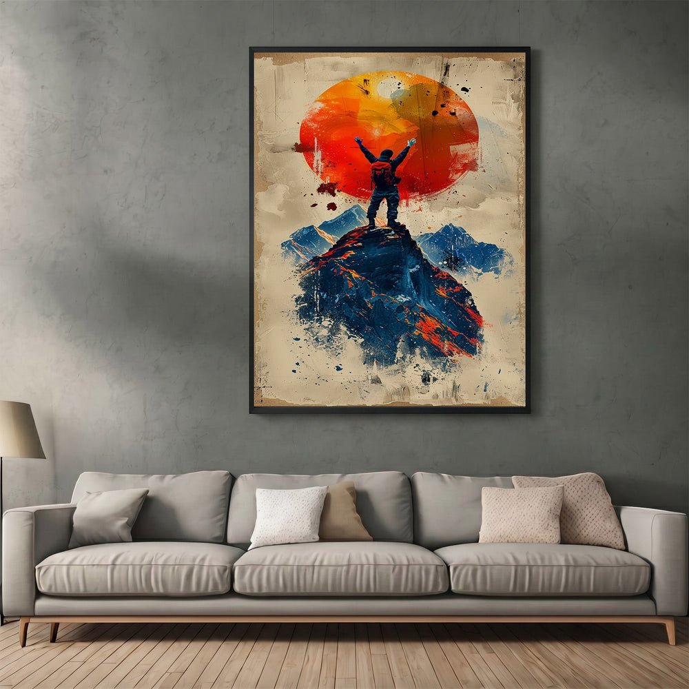 Wadi Home mountain climber wall art print featuring a silhouette on a peak against a vibrant orange sun.