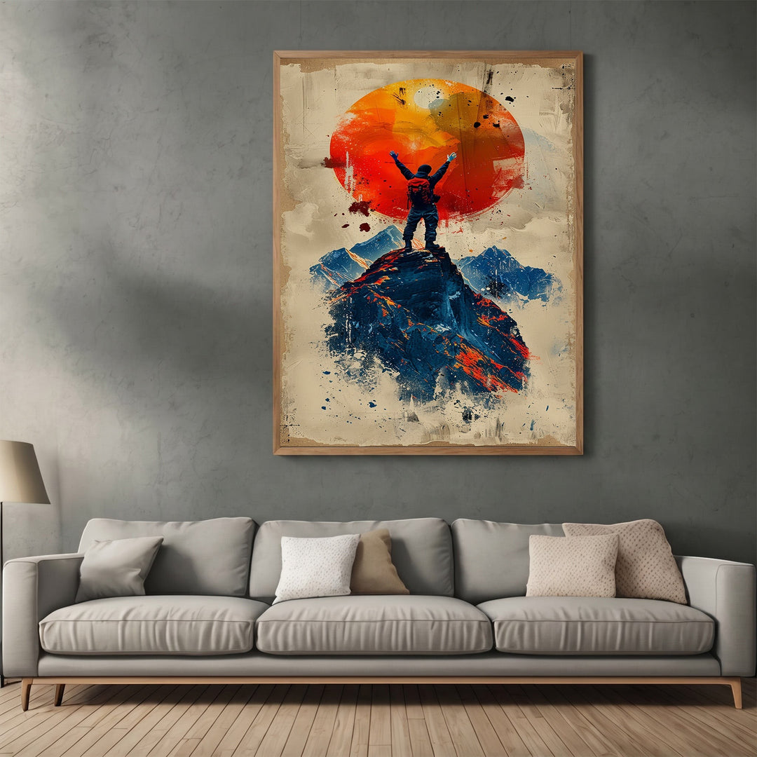 Wadi Home Mountain Climber wall art print featuring a mountaineer silhouette against a vibrant sun in a modern frame.