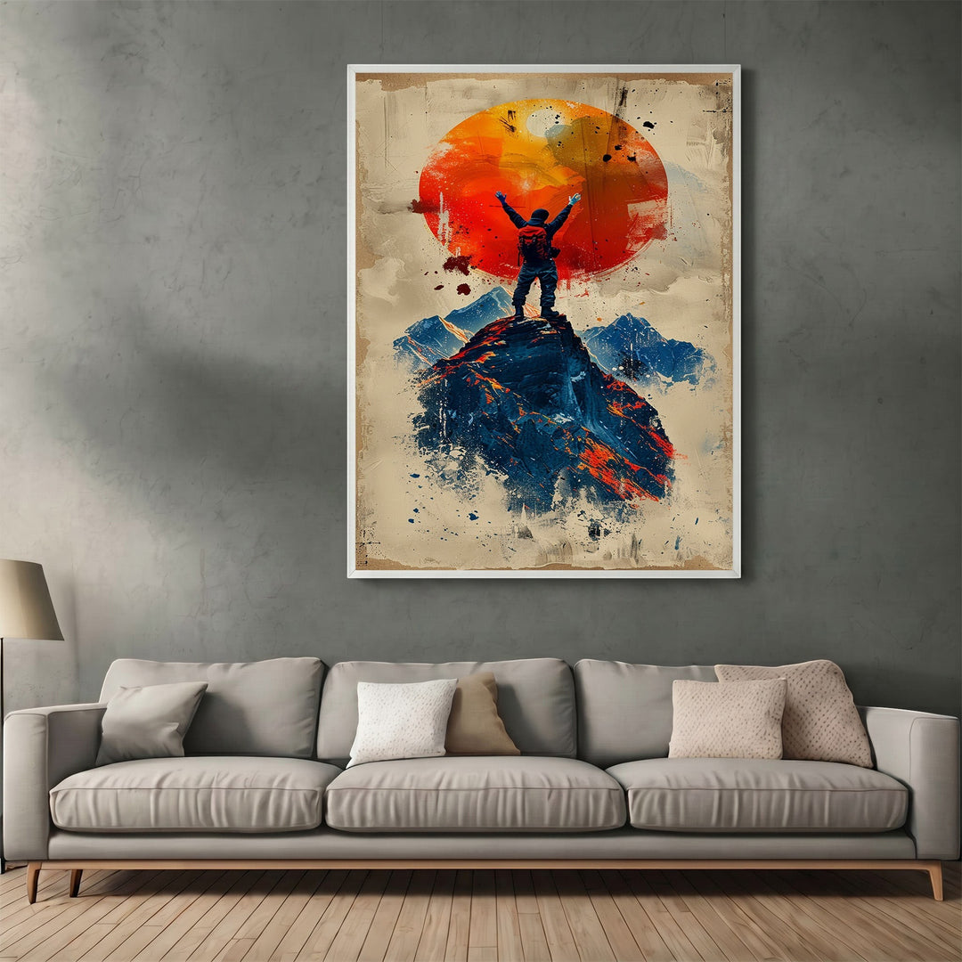 Wadi Home Mountain Climber wall art print featuring a mountaineer silhouette against a vibrant sun on a grey wall.
