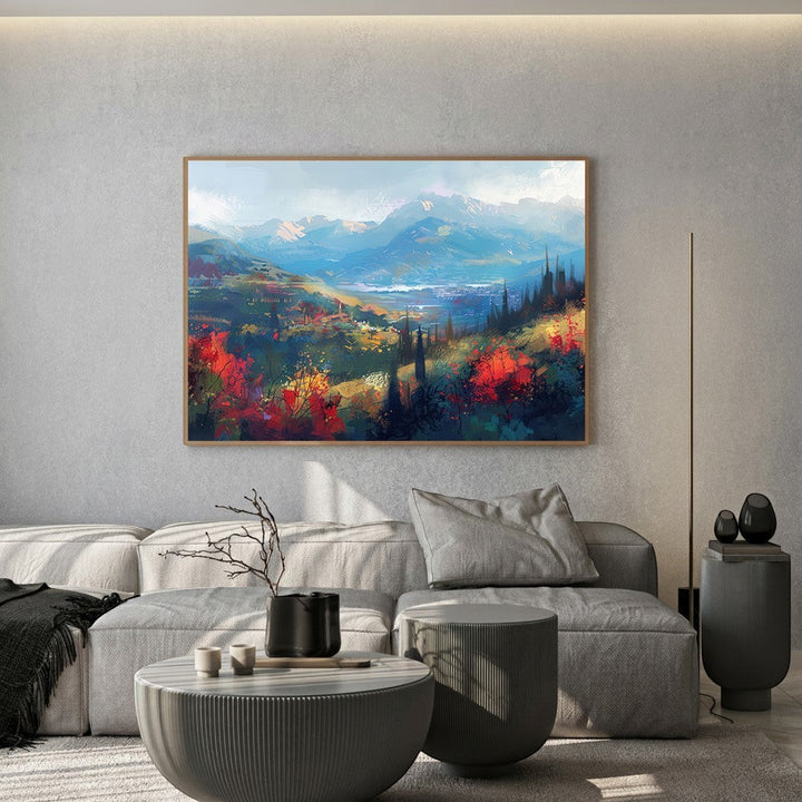 Wadi Home impressionist mountain landscape wall art print with vibrant blue and red tones in a modern living room.