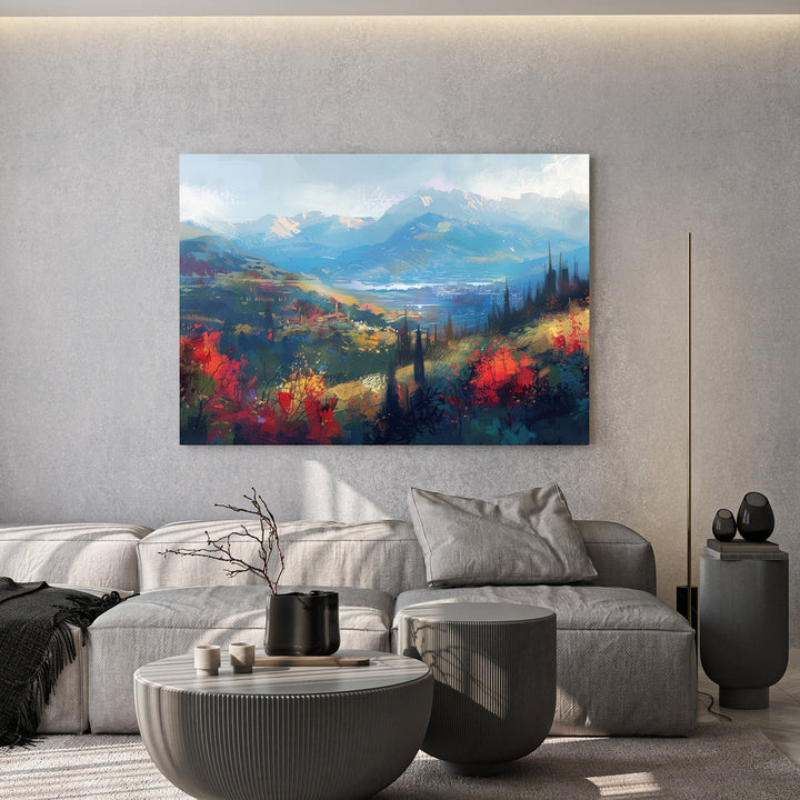 Wadi Home impressionist mountain landscape wall art print with vibrant blue peaks and fiery red autumn foliage.
