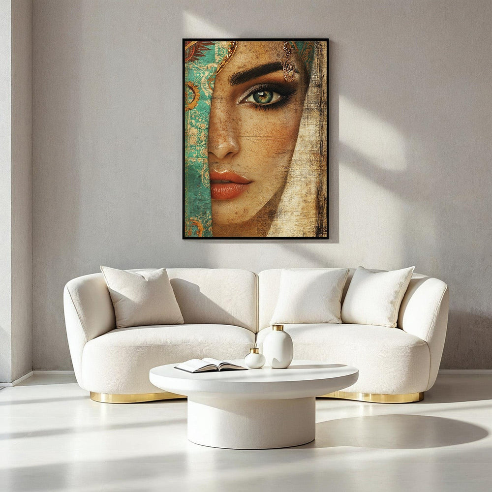 Wadi Home mysterious woman portrait wall art with green eyes and teal veil, warm tones, bohemian style.